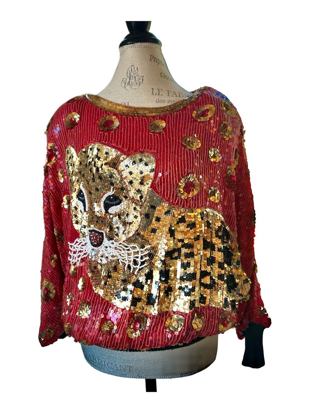 Anjumün 1980’s vintage silk leopard sequin beaded embellished red top NWT Med‎
